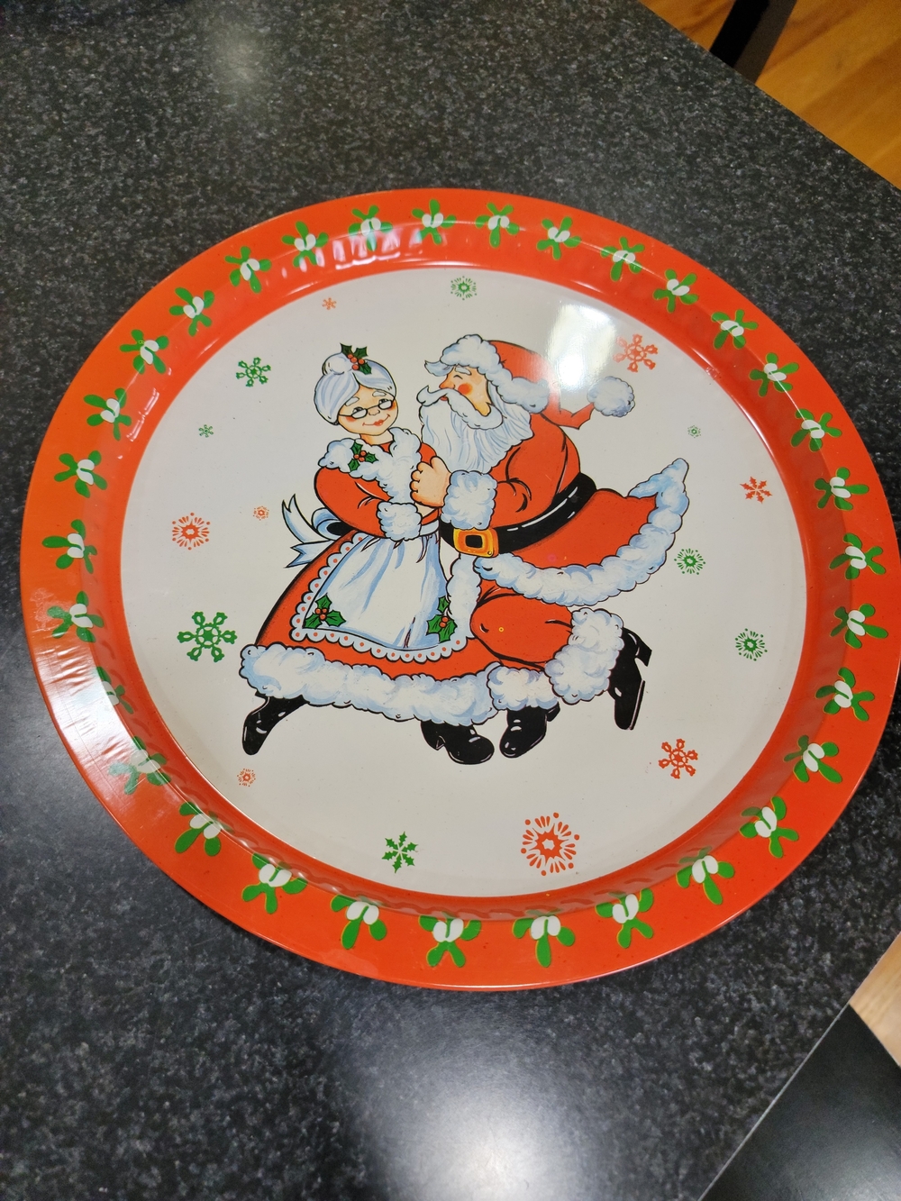 Vintage 1980's Holiday Santa & Mrs. Claus Serving Tray - Red